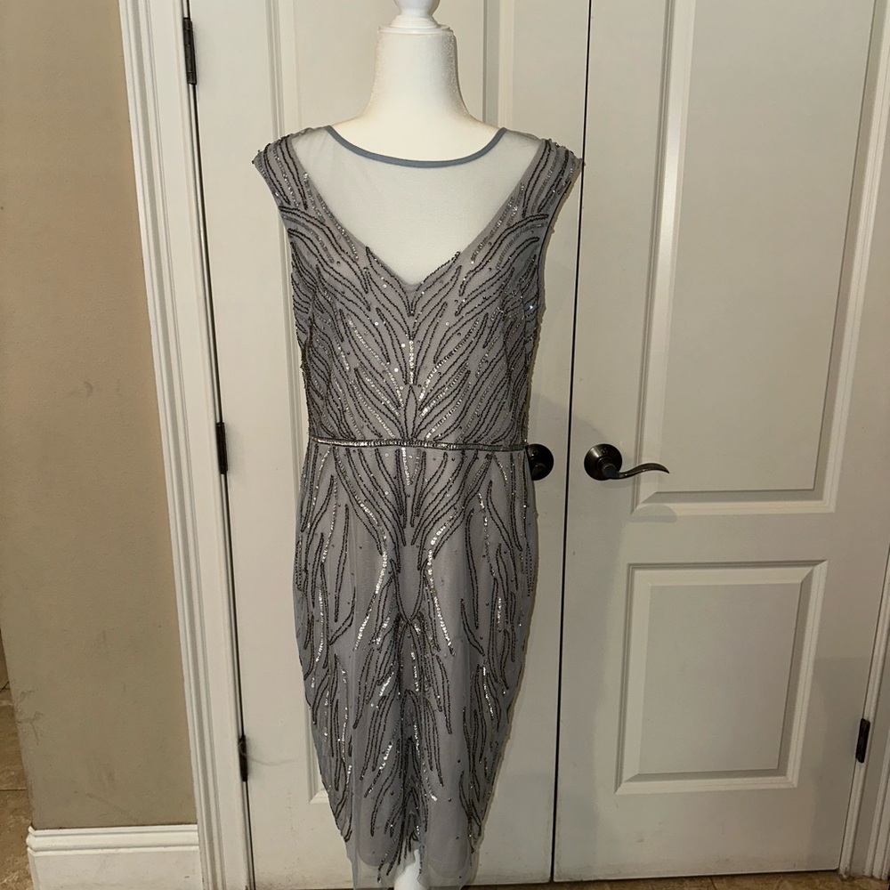 Adrianna Papell Silver Sequen Beaded V-Neck Evening Dress
